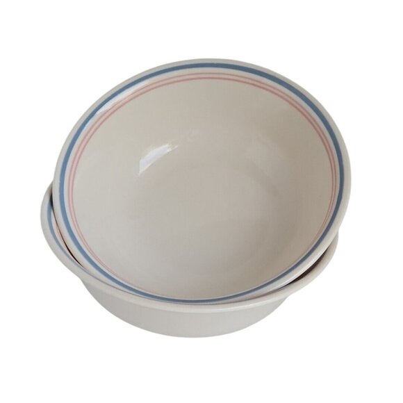 Corelle Colonial Blue Bowls 6.25" set of 2 double pink stripes USA vintage 1980s - Picture 3 of 9